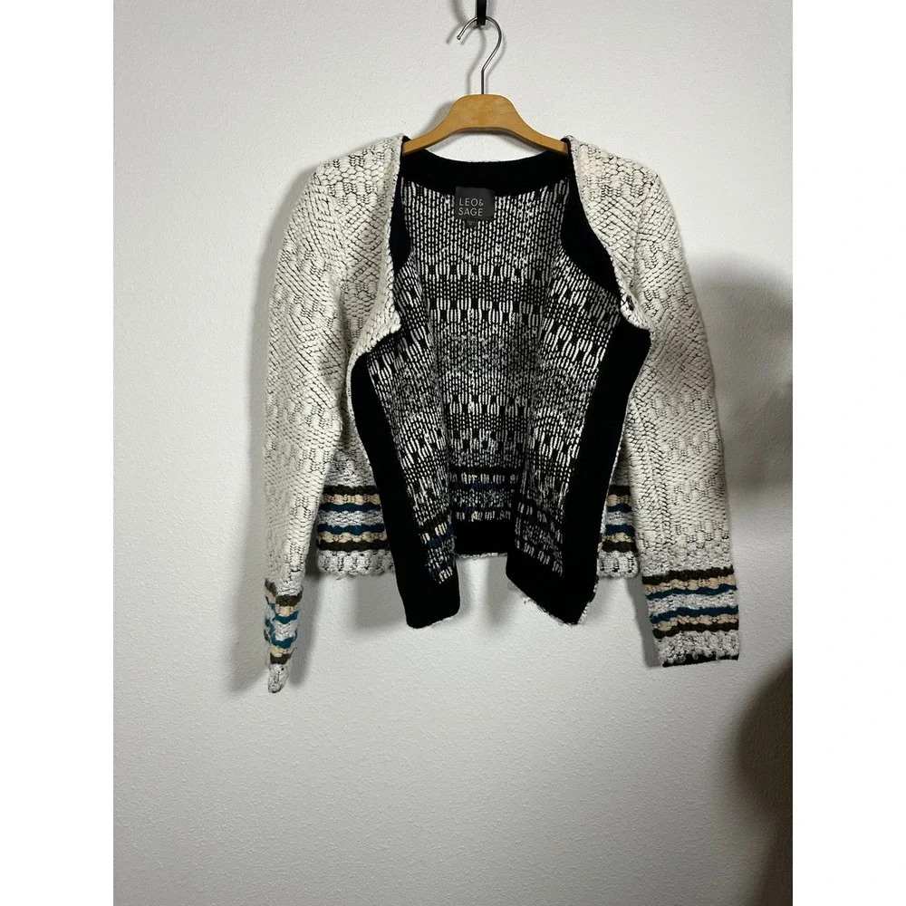 LEO AND SAGE Textured Geometric Knit Moto Cardigan Jacket Ivory‎ Black Teal Sz M